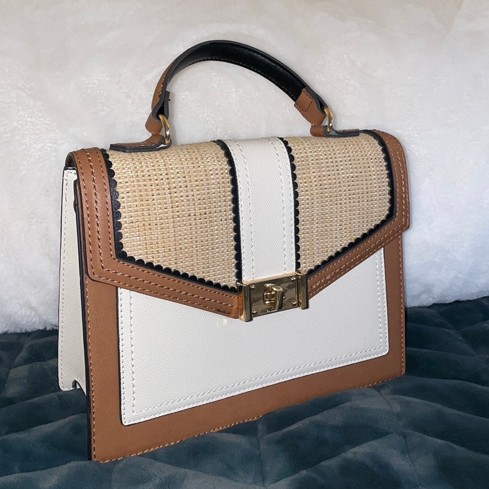 Brown, White, and Gold ALDO Top Handle Handbag